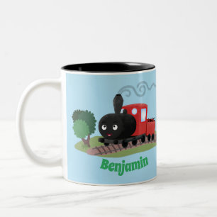 Cute stoomtrein cartoon illustratie tweekleurige koffiemok