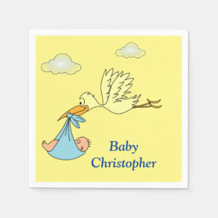 Cute Stork Baby Boy Shower Name Blue Yellow Servet