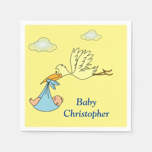 Cute Stork Baby Boy Shower Name Blue Yellow Servet (Voorkant)