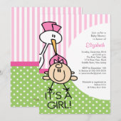 Cute Stork Baby Girl Baby Shower Invitations Kaart (Voorkant / Achterkant)