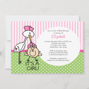 Cute Stork Baby Girl Baby Shower Invitations Kaart