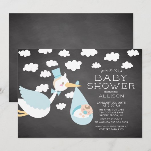 Cute Stork Boys Baby shower Invitation (Devant / Derrière)