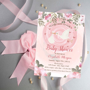 Cute Stork Floral Baby shower Invitation Kaart