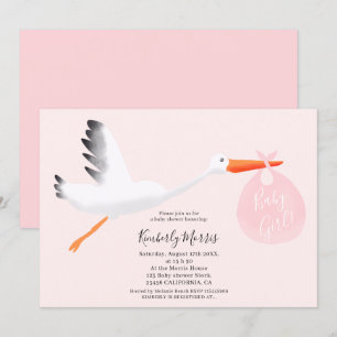 Cute stork roze tas illustratie babymeisje douche kaart
