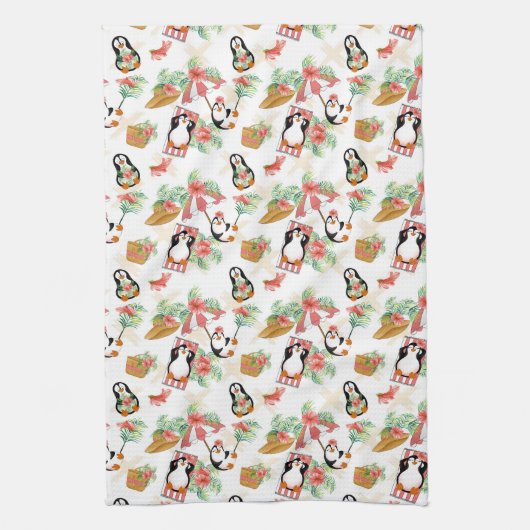 Cute strand pinguins betegeld theedoek (Verticaal)
