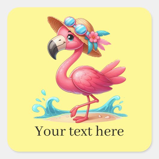 Cute strand roze flamingo vierkante sticker (Voorkant)