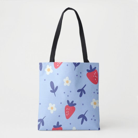 Cute Strawberry and Spring Flower Pattern on Blue Draagtas (Voorkant)
