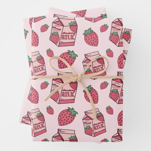 Cute Strawberry Milk Roze Pattern Inpakpapier Vel (In situ)