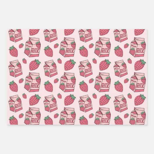 Cute Strawberry Milk Roze Pattern Inpakpapier Vel (Voorkant)