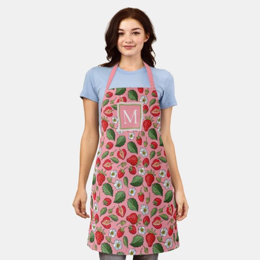Cute Strawberry Pattern Monogram Roze Schort (Gedragen)