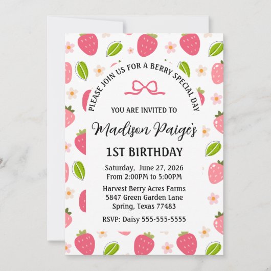 Cute Strawberry Pink Girls 1st Birthday Invitation (Devant)