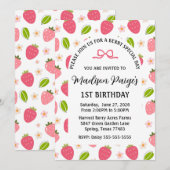 Cute Strawberry Pink Girls 1st Birthday Invitation Kaart (Voorkant / Achterkant)