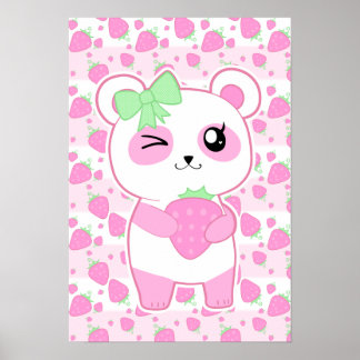 Cute Strawberry roze Kawaii Panda beer Poster