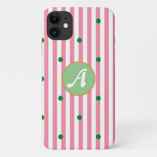 Cute strepen patroonmonogrammen roze groene stippe iPhone 11 hoesje