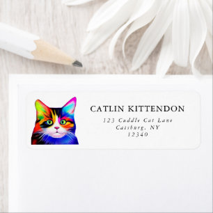 Cute Striped Multicolored Rainbow Cat Typography Etiket