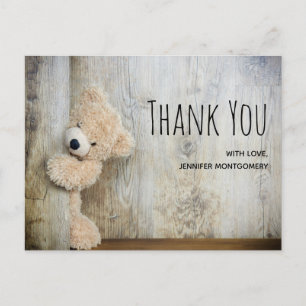 Cute Stuffed Beer Rustic Wooden Backdrop Dank u Briefkaart