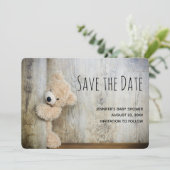 Cute Stuffed Beer Rustic Wooden Backdrop Save The Date (Staand voorkant)