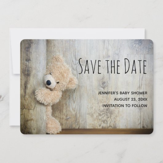 Cute Stuffed Beer Rustic Wooden Backdrop Save The Date (Voorkant)