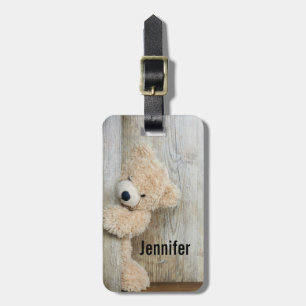 Cute stuffed Beer Rustic Wooden Wall Bagagelabel