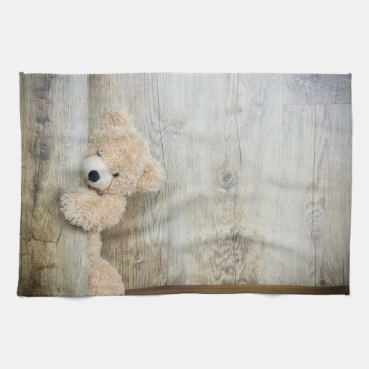 Cute stuffed Beer Rustic Wooden Wall Theedoek (Horizontaal)