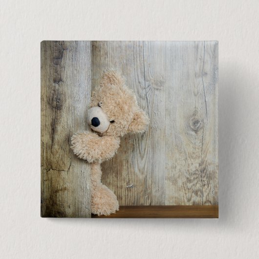 Cute stuffed Beer Rustic Wooden Wall Vierkante Button 5,1 Cm (Voorkant)