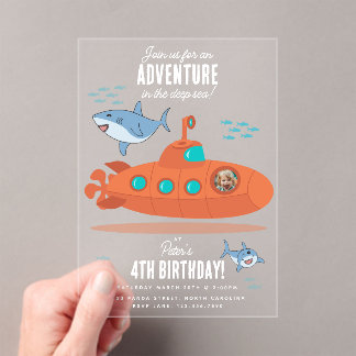 Cute Submarine Deep Sea Birthday Kids Photo Shark Acryl Uitnodigingen