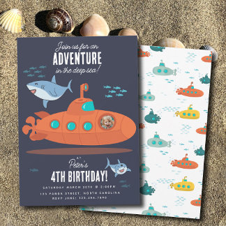 Cute Submarine Deep Sea Birthday Kids Photo Shark Kaart