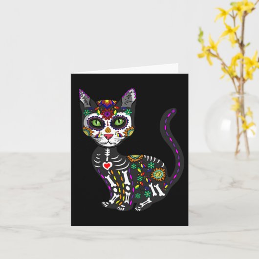 Cute Sugar Skull Mexican Cat Halloween Day of the Kaart (Gele Bloem)