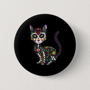 Cute Sugar Skull Mexican Cat Halloween Day of the Ronde Button 5,7 Cm