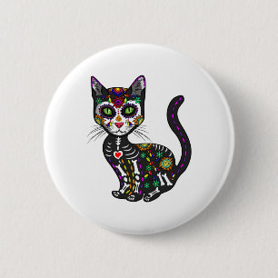 Cute Sugar Skull Mexican Cat Halloween Day of the Ronde Button 5,7 Cm