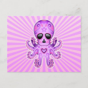 Cute Sugar Skull Zombie Octopus - Paars Briefkaart