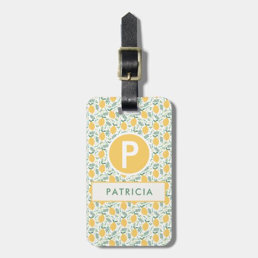 Cute Summer Lemon Botanical Pattern Monogram Bagagelabel (Voorkant verticaal)