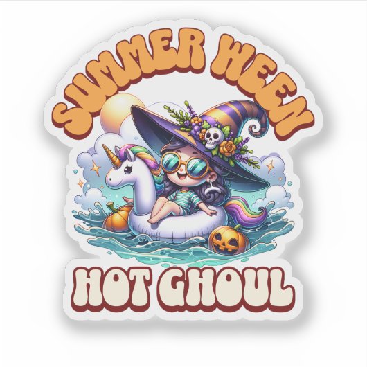 Cute Summerween Witch Unicorn Pool Float Halloween Sticker (Voorkant)