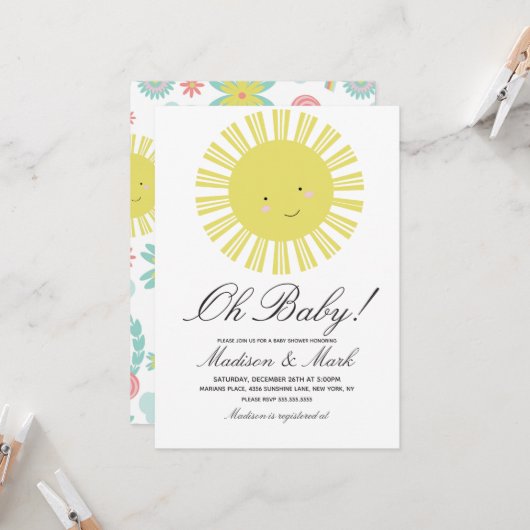Cute Sun Floral Baby shower Invitation (Devant/Arrière en situation)