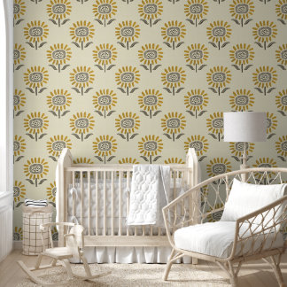 Cute Sunflower Block Print in Mustard & Beige Behang
