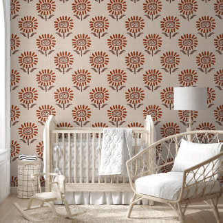 Cute Sunflower Block Print in Terracotta & Beige Behang