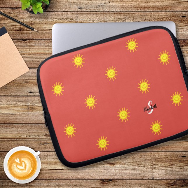 Cute Sunshine Happy Face Pattern Name Initiaal Red Laptop Sleeve (Cute Sunshine Happy Face Pattern Name Initial Red Laptop Sleeve)