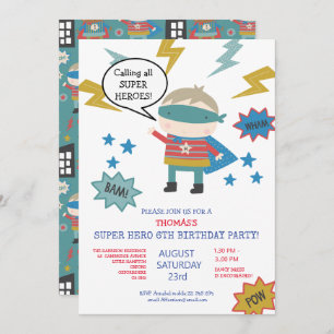 Cute super held genaamd Children's Party Invitatio Kaart