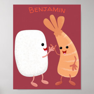 Cute sushi rice prawn Vrienden cartoon Poster