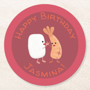 Cute sushi rice prawn Vrienden cartoon Ronde Kartonnen Onderzetter