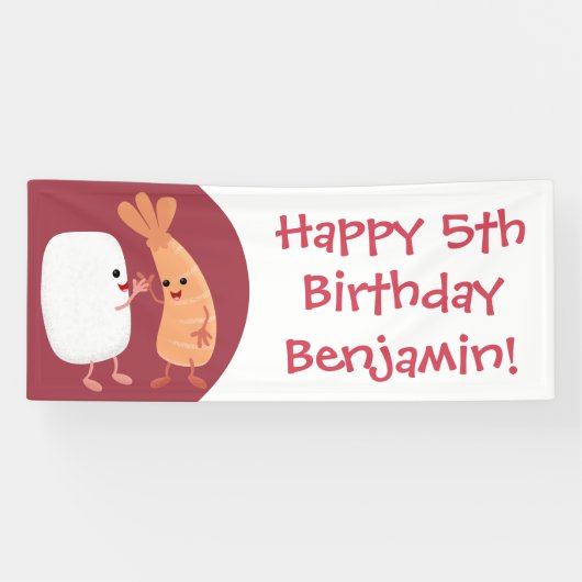 Cute sushi rice prawn Vrienden cartoon Spandoek (Horizontaal)