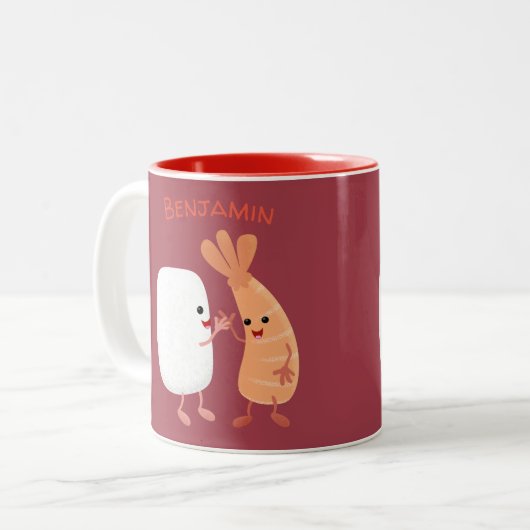 Cute sushi rice prawn Vrienden cartoon Tweekleurige Koffiemok (Voorkant links)