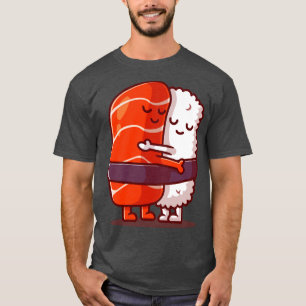 Cute Sushi Salmon Couple Hug Cartoon T-shirt