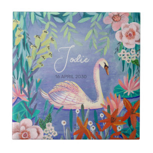 Cute Swan Bird Elegant Blue & Pink Baby shower Tegeltje