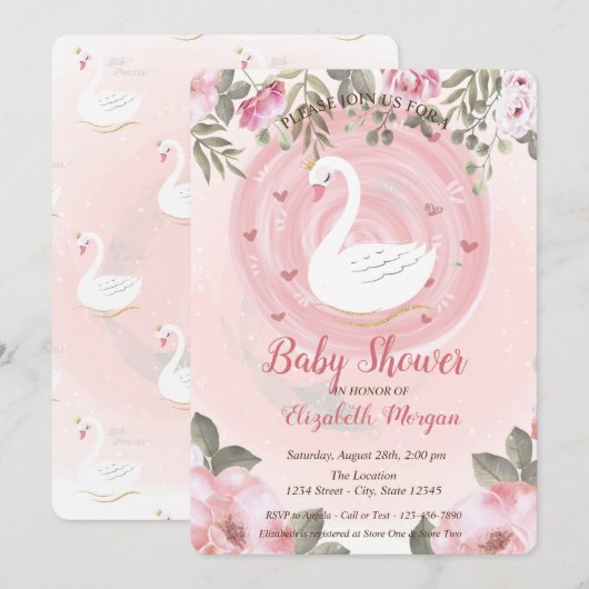 Cute Swan, Floral Baby shower Invitation (Devant / Derrière)