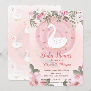 Cute Swan, Floral Baby shower Invitation Kaart
