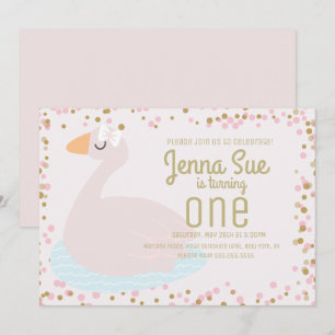Cute Swan Pink Bow Confetti Girls Birthday Party Kaart