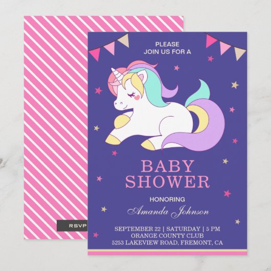 Cute Sweet Adorable Unicorn Baby shower Invitation (Devant / Derrière)