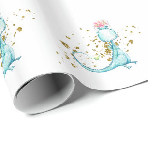 *~* Cute Sweet Blue Dragon Dinosaurs Flowers Cadeaupapier