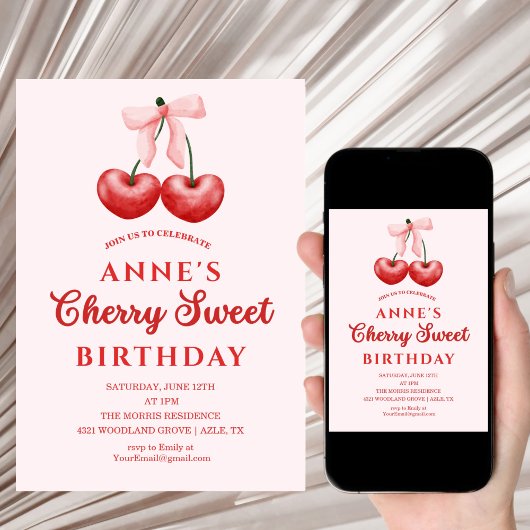 cute Sweet Cherry Birthday Invitation Girl